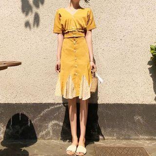 Set: Short-sleeve Blouse + Midi Paneled A-line Skirt