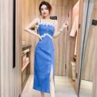 Spaghetti Strap Lace Trim Denim Midi Sheath Dress