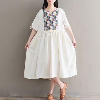 Tasseled Print Panel Elbow Sleeve Dress