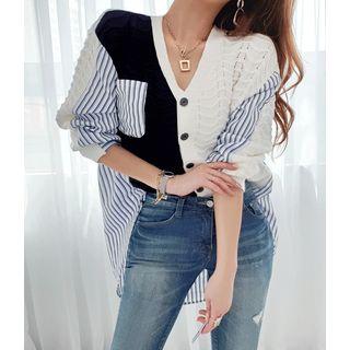 Color-block Shirt-panel Cardigan