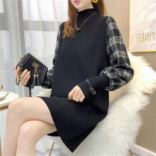 Mock Two-piece Plaid Panel Mini Knit Dress