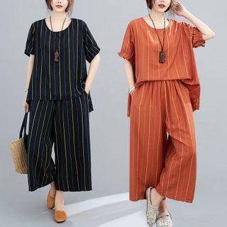 Set : Asymmetrical Ruffle-sleeve Striped T Shirt + Wide-leg Pants