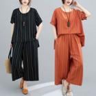 Set : Asymmetrical Ruffle-sleeve Striped T Shirt + Wide-leg Pants