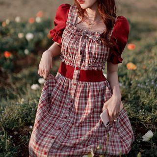 Short-sleeve Plaid Panel Button-up Midi Dress
