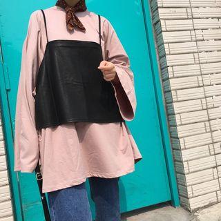 Set: Plain Long Sleeve Tunic + Faux Leather Camiosle Top