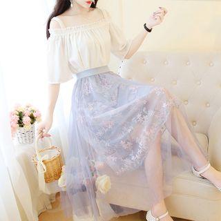 Elbow-sleeve Frill Trim Cold Shoulder Top / Pleated Mesh Overlay Floral Lace A-line Midi Skirt / Set