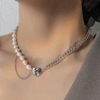Faux Pearl Chain Heart Necklace White & Silver - One Size