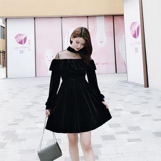 Long-sleeve Mock Neck Mesh Panel Mini A-line Velvet Dress