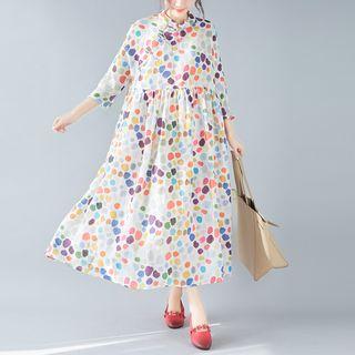 3/4-sleeve Printed Midi Dress White - One Size