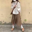 Plain Ruched Long-sleeve Shirt / High-waist A-line Accordion Pleat Maxi Skirt
