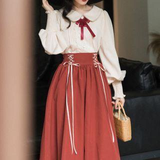 Set: Long-sleeve Lace Panel Blouse + Lace-up Midi A-line Skirt