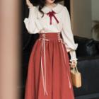 Set: Long-sleeve Lace Panel Blouse + Lace-up Midi A-line Skirt