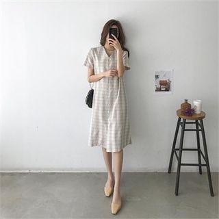 V-neck Plaid Linen Blend Boxy Shirtdress