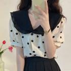 Puff-sleeve Peter Pan Collar Dot Blouse Black & Almond - One Size