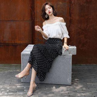 Set: Cold-shoulder Blouse + Dotted Midi H-line Skirt