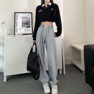 Denim Panel Sweatpants / Cropped Polo Shirt