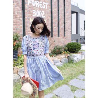Elbow-sleeve Embroidered-panel Striped A-line Dress
