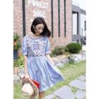 Elbow-sleeve Embroidered-panel Striped A-line Dress