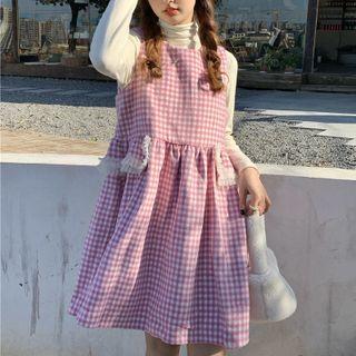 Long-sleeve Turtleneck Top / Gingham Overall Dress