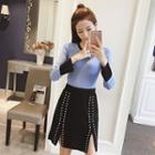 Set: Long-sleeve Knit Top + Slit-side A-line Mini Skirt