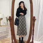 Polo Collar Knit Top / Plaid A-line Skirt