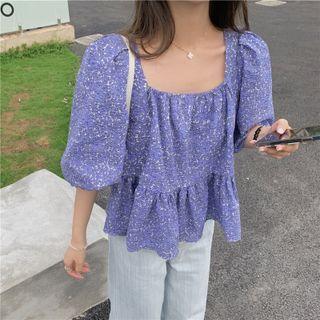 Lantern-sleeve Square Floral A-line Top Blue Flower - One Size