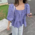 Lantern-sleeve Square Floral A-line Top Blue Flower - One Size