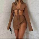 Set Of 2: Long-sleeve Lace-up Crop Top + High-waist Slit Skirt
