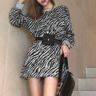 Zebra Print Long-sleeve Mini T-shirt Dress Black & White - M