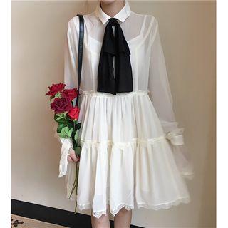 Tie-accent Lace Panel A-line Chiffon Dress As Shown In Figure - One Size