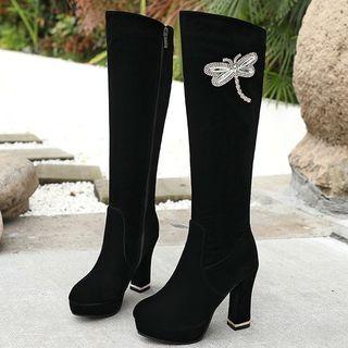 Rhinestone Dragonfly Platform Block Heel Knee-high Boots