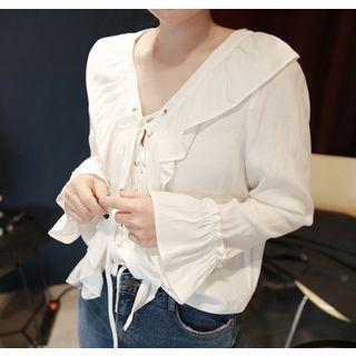 Collarless Ruffled Lace-up Blouse