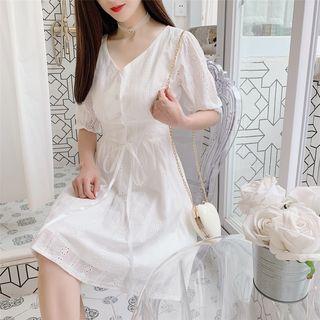 Elbow-sleeve Perforated Buttoned A-line Dress