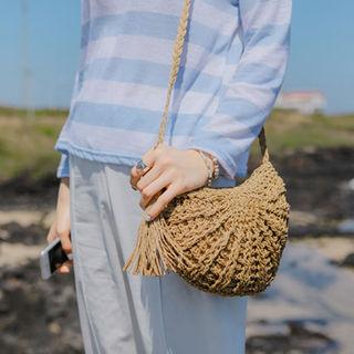 Tasseled Straw Semicircle Shoulder Bag
