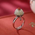 Lotus Faux Gemstone Sterling Silver Ring 1pc - Silver & White & Green - One Size