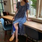 Ruched Short-sleeve Slit Floral Print Slit Dress