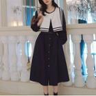 Set: Puff-sleeve Midi A-line Dress + Button-up Vest