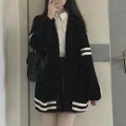 Contrast Trim Cardigan / Pleated Mini A-line Skirt / Set