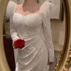 Long-sleeve Fluffy Sequined A-line Dress