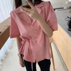 Plain Ruched Drawstring Tie-waist Short Sleeve Shirt