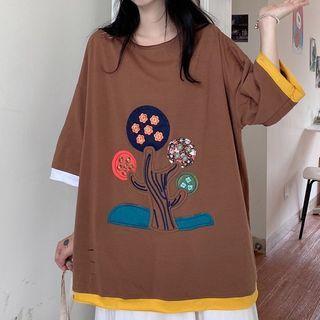 Contrast Trim Elbow Sleeve Applique T-shirt