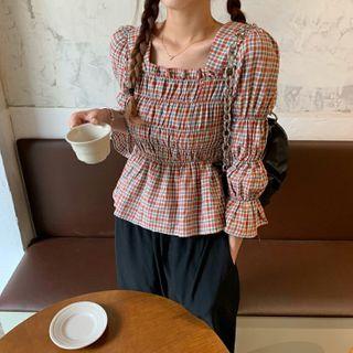 Check Square-neck Long-sleeve Blouse As Figure - One Size