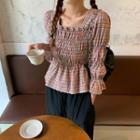 Check Square-neck Long-sleeve Blouse As Figure - One Size