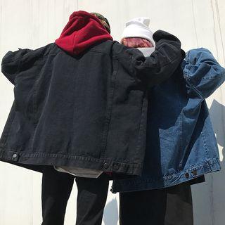 Couple Matching Mock Two-piece Hooded Denim Jacket