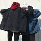 Couple Matching Mock Two-piece Hooded Denim Jacket