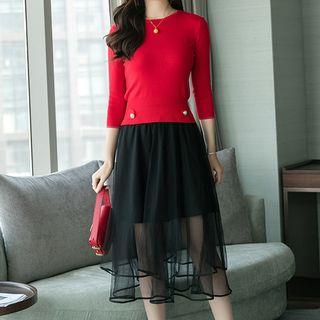 Set: Button Detail 3/4-sleeve Knit Top + High Waist Midi Skirt