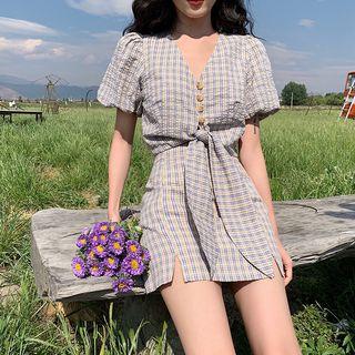 Plaid Puff-sleeve Crop Top / Slit A-line Skirt