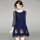 3/4-sleeve Butterfly Embroidered A-line Minidress
