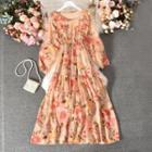 Long-sleeve Floral A-line Dress Pink - One Size