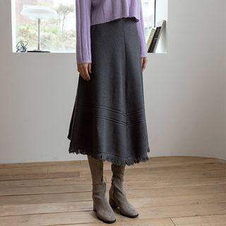 Fringe-hem Flared Long Knit Skirt
